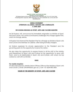 Zizi Kodwa resigns